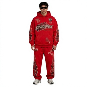 Ensemble de survêtement de course rouge pour homme, sweat à capuche et pantalon de jogging, motif flamme, streetwear, sport automobile, deux pièces assorties, personnalisable OEM - Product Image 1