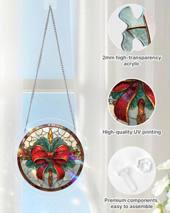 Round Stained Glass Suncatcher Christmas Bow <b>Ornament</b> Traditional Window Hanging Decor with <b>Red</b> Ribbon and Green Leaves Design - Product Image 2