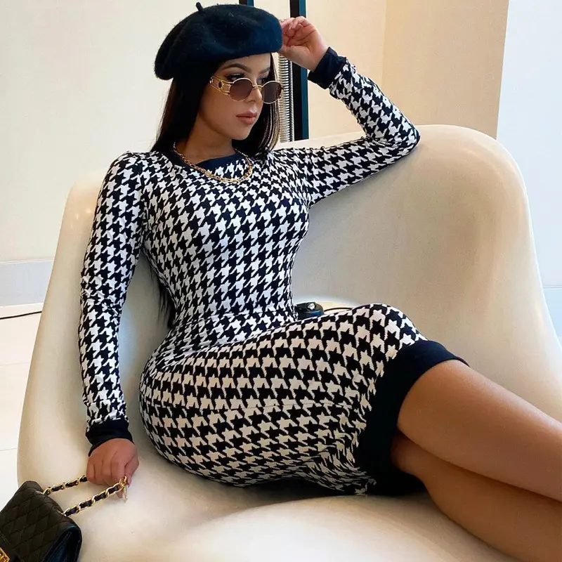 Houndstooth ladies casual dresses European and American hot products spring autumn long-sleeved O-neck back hollow slim dress