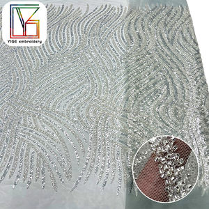 قماش دانتيل تول مطرز بالترتر لحفلات الزفاف أنيقة قماش فاخر ترتر أبيض ثقيل لامع مطرز بالخرز قماش دانتيل شبكي لفساتين النساء - Product Image 4