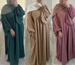 批发高品质迪拜纯色中号阿巴亚加大码穆斯林女装卡夫坦长袖爵士绉纱休闲阿巴亚