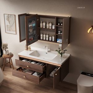 Light luxury new Chinese style bathroom cabinet walnut ceramic integrated basin intelligent cabinet - Product Image 3