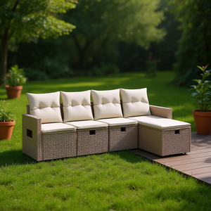 Beige Garden Sofa <b>Set</b> 4 Seater Outdoor <b>Wicker</b> <b>Furniture</b> With Storage Contemporary Design - Product Image 3