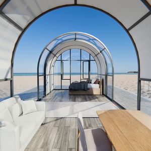 Sunroom Semicircular Móvil para Hoteles <span class=keywords><strong>EN</strong></span> LA Playa Extensión Motorizada <span class=keywords><strong>Techo</strong></span> Iluminación Interior y Parasol Ajustable - Product Image 1