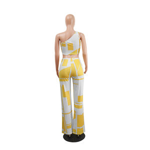 Ensemble deux pièces grande <span class=keywords><strong>taille</strong></span> pour <span class=keywords><strong>femme</strong></span> de <span class=keywords><strong>haute</strong></span> qualité, <span class=keywords><strong>pantalon</strong></span> ample évasé à <span class=keywords><strong>taille</strong></span> élastique, imprimé géométrique jaune et <span class=keywords><strong>blanc</strong></span>, style urbain, été - Product Image 2