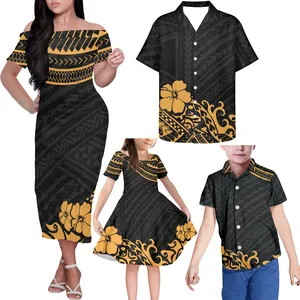 Casual Tribal Print Shirt Sets For Boys Polynesian 4pcs Family Matching Outfits Custom Logo Samoan Girls 10-12 Years Clothing