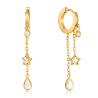 Boucles d'oreilles tendance en acier inoxydable plaqué or PVD 18 carats, motif étoile à cinq branches et goutte d'eau, avec chaîne et pampille, de haute qualité, pour le commerce transfrontalier