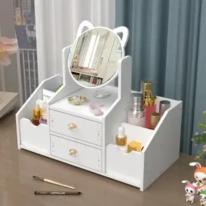 Miroir rond blanc de luxe boîte de rangement cosmétique nordique organisateur de maquillage avec oreilles de chat