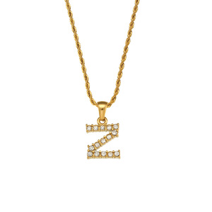 Ciondolo Personalizzato con Lettera Iniziale Incastonato con Zircone Rotondo Trasparente, Collana con Catena a Corda Intrecciata in Acciaio Inossidabile Placcato Oro 18K - Product Image 6