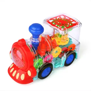 Mainan kereta listrik anak plastik transparan, mainan mobil dengan roda gigi bergerak, suara, dan lampu untuk balita