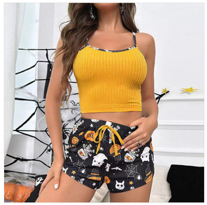 Vêtements de détente côtelés femmes ensembles personnalisés Halloween citrouille imprimé sans manches haut à bretelles Shorts maison vêtements femmes pyjamas ensemble - Product Image 2