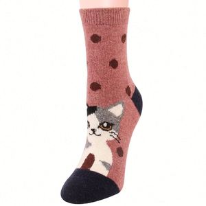 Nouvelles chaussettes en laine épaisses et confortables à rayures horizontales, motif jacquard chat de dessin animé, chaudes pour <span class=keywords><strong>femme</strong></span>, bout rond - Product Image 3