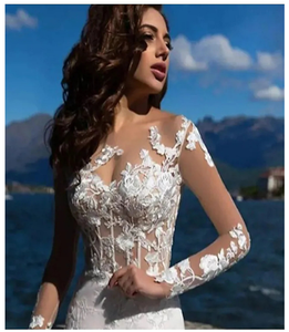 <b>Long</b> Sleeved <b>Wedding</b> <b>Dress</b> Lace <b>Wedding</b> <b>Dress</b> <b>Long</b> <b>Sleeve</b> Bridal Gowns <b>Simple</b> Deep V-neck Arge Open Back Fish Tail - Product Image 4