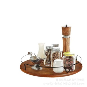 Home <b>Kitchen</b> Condiment Storage Tray Round Wooden Desktop Rack With Lid For Food Container Standing Type - Product Image 5