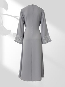Light Grey Embroidered Sleeve Breathable Ankle Length <b>Abaya</b> Belted High Waist Tunic Modest Dress with Pockets for Muslim Women - Product Image 6