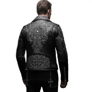 Plain High Street Men's Vintage <b>Gothic</b> Varsity <b>Jacket</b> Punk Leather Coat Winter Eco-friendly Silver Skull Cross Hardware Zipper - Product Image 5