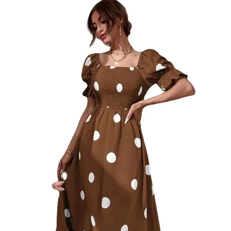 Hot sale big polka dot slim fit sweet ruffled short sleeve dress casual fashion dress