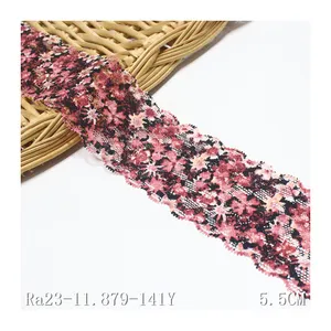 Розовая красочная эластичная кружевная ткань 6 см с цветочным принтом из спандекса для женского нижнего белья
