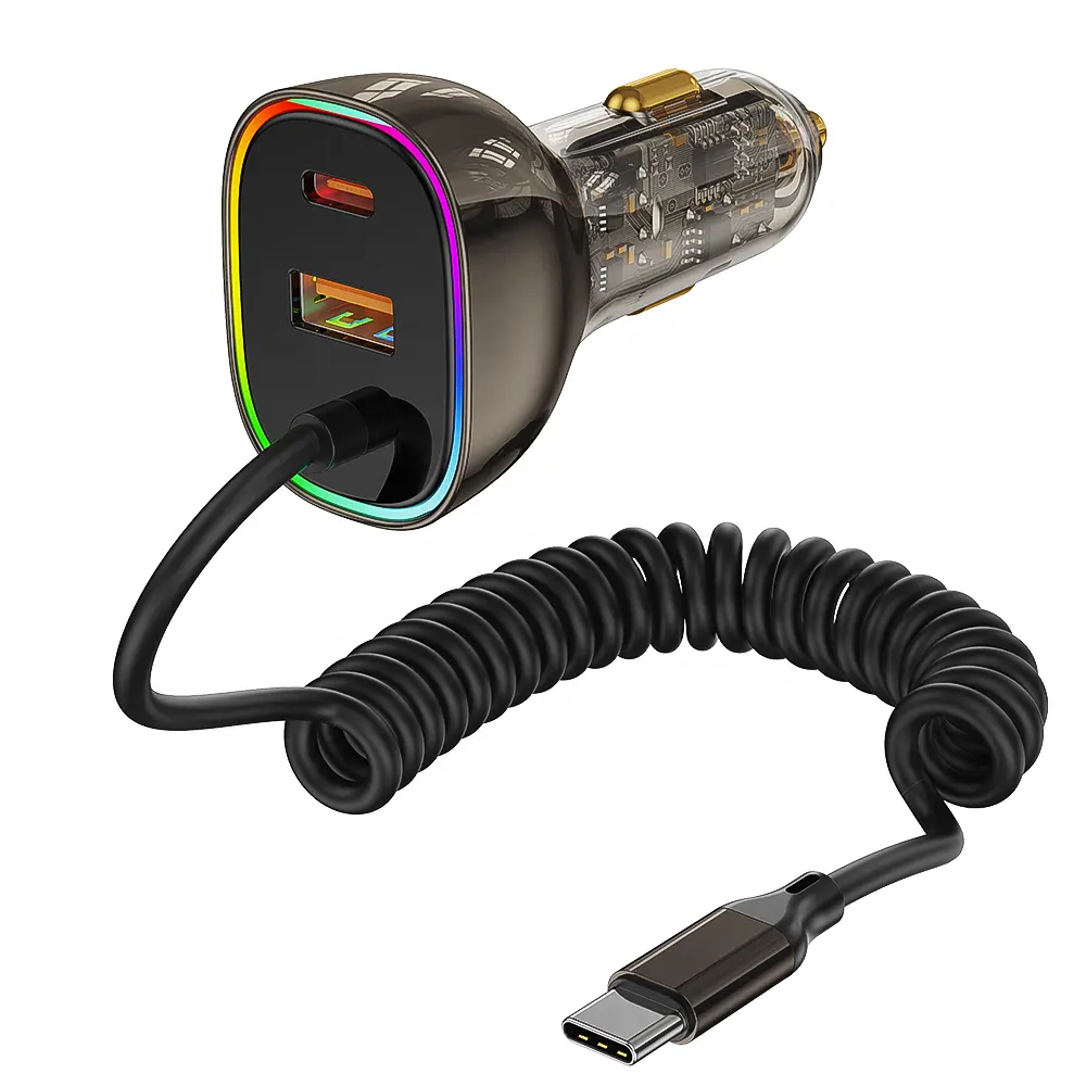 90W retrattile USB tipo C cavo caricabatterie per auto RGB LEC metallo doppia porta USB C PD veloce caricabatterie per cellulare auto con cavo