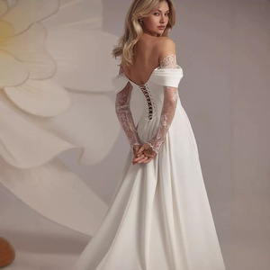 Off Shoulder Train Wedding Dress Empire Waist Sheath Style White Long Gown Simple Fashion Spring Design - Product Image 3