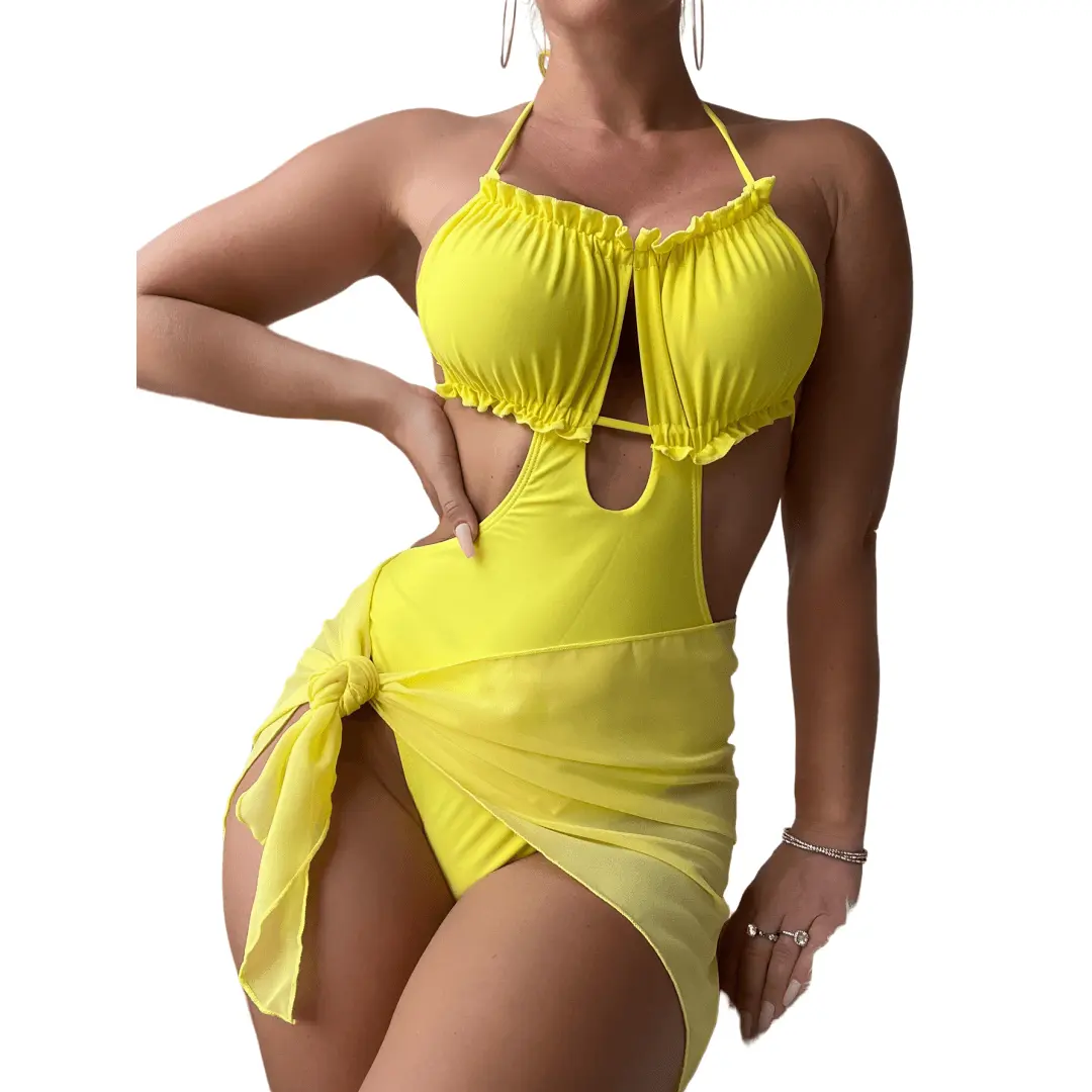 custom solid color round neck halter neck strap shawl swimsuit lace up bikini cover up high waist one piece swimwear