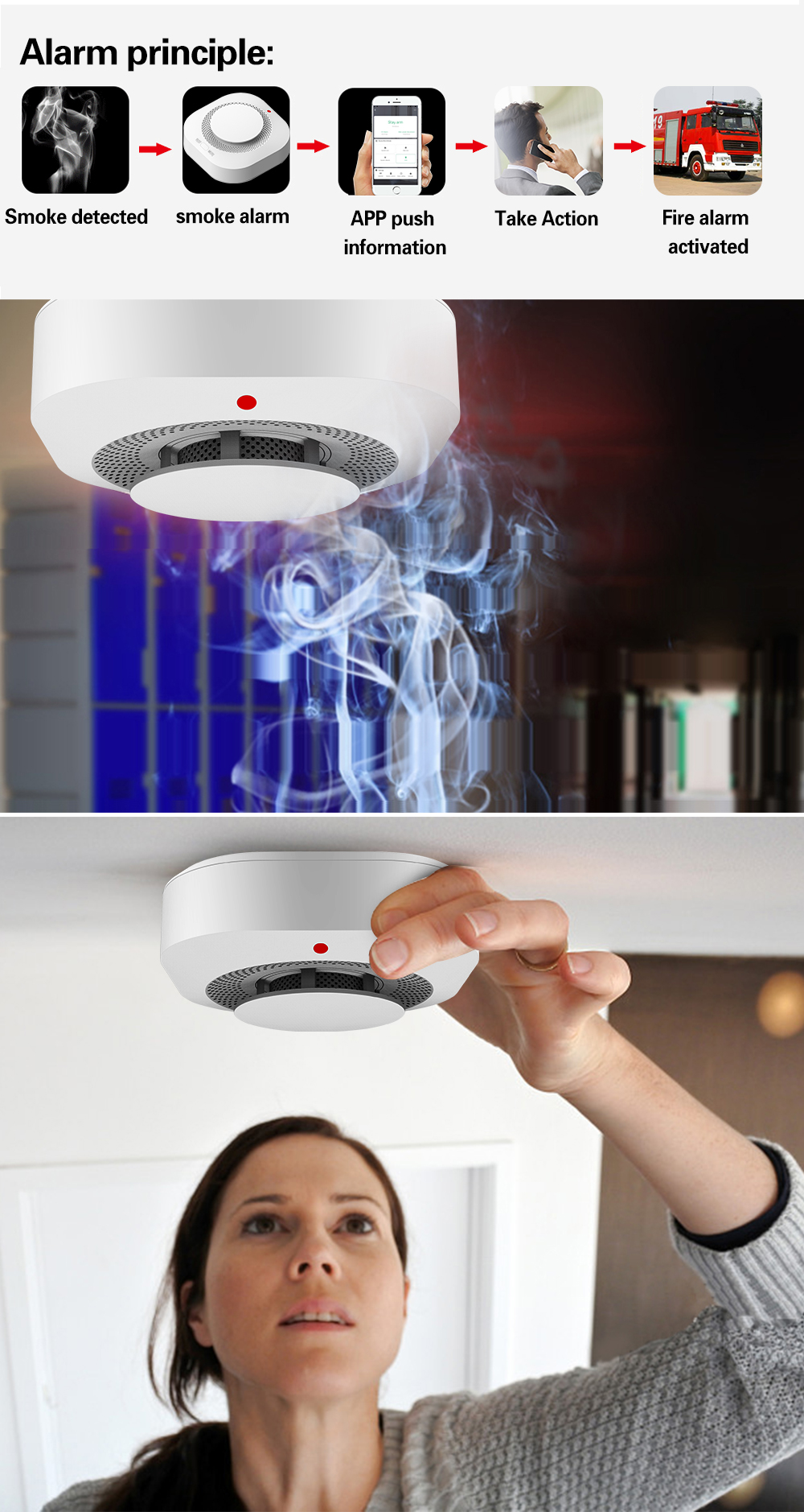 WiFi smart smoke fire detection sensor security alarm system Tuya APP remote control wireless fire alarm sensor