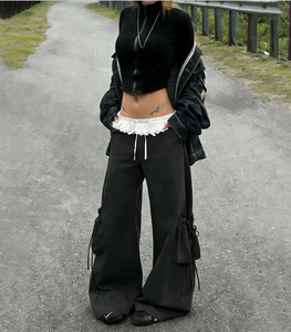 Women French High Street Woven Loose Lace Patchwork <b>Cargo</b> Pants <b>Low</b> <b>Rise</b> Drawstring Waist Pockets Slight Flare Casual - Product Image 4