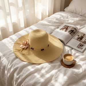 Sombrero de Paja de Ala Ancha para Mujer con Banda Decorada con Flores y Cuentas para Viajes a la Playa - Product Image 2