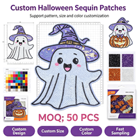 Grande écusson brodé à sequins, motif fantôme et citrouille d'Halloween, thermocollant, pour décoration de vêtements, en stock