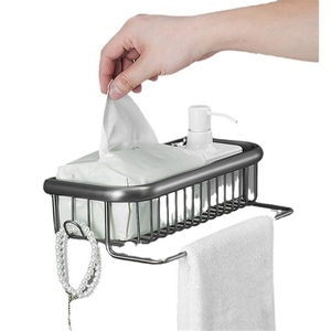 Zinc Alloy Polished Gun Gray Modern Bathroom Rack Square Mesh <b>Basket</b> Wall-Mounted <b>Shelf</b> with Hook and Towel Bar - Product Image 5