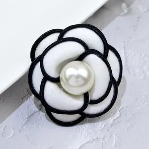 Women's Winter Clothing Accessories Black White Color Brooch Pearl Fabric Art Camellia Brooch Flower Corsage Brooch