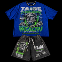 Conjunto de camiseta holgada con estampado de estatua azul real personalizado TaiDe y shorts vaqueros con tachuelas, proveedor mayorista OEM, fabricante de ropa