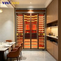 Armoire à vin moderne sur mesure en acier inoxydable à température constante, avec éclairage d'ambiance fond rouge, gain de place, pour salles d'exposition haut de gamme