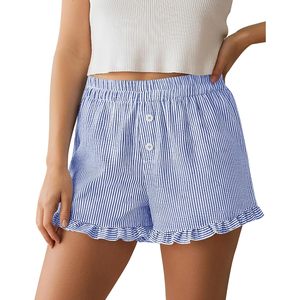 FOXA Pantalones cortos tipo bóxer a rayas para mujer, con volantes en el dobladillo, de algodón suave, informales, de verano, para descansar, con bolsillos - Product Image 4