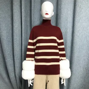 Plaid Dyed Detachable Faux Fur Trimming Knitted Pullover Blending Custom Logo Ladies Turtleneck Sweaters