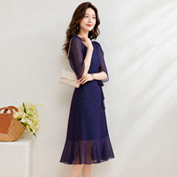 Robe midi femme col en V manches courtes à pois taille nouée volants évasée été 2026 Nouveautés Fabrication sous contrat