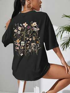 Camisetas cómodas de algodón con estampado de racimos de flores hermosas para mujer, camisetas informales transpirables suaves de manga corta, ropa de calle holgada - Product Image 6