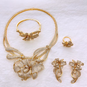 Zhuerrui高品質24KゴールドメッキジュエリーセットドバイダイヤモンドモダンゴージャスフラワーシェイプペンダントリングブレスレットHZ24007217 - Product Image 6