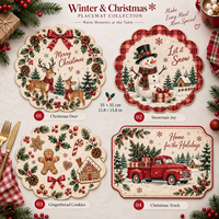 6 sets de napperons de Noël festifs verts avec bonhomme de neige et flocons de neige pour la décoration de table de Noël à la maison