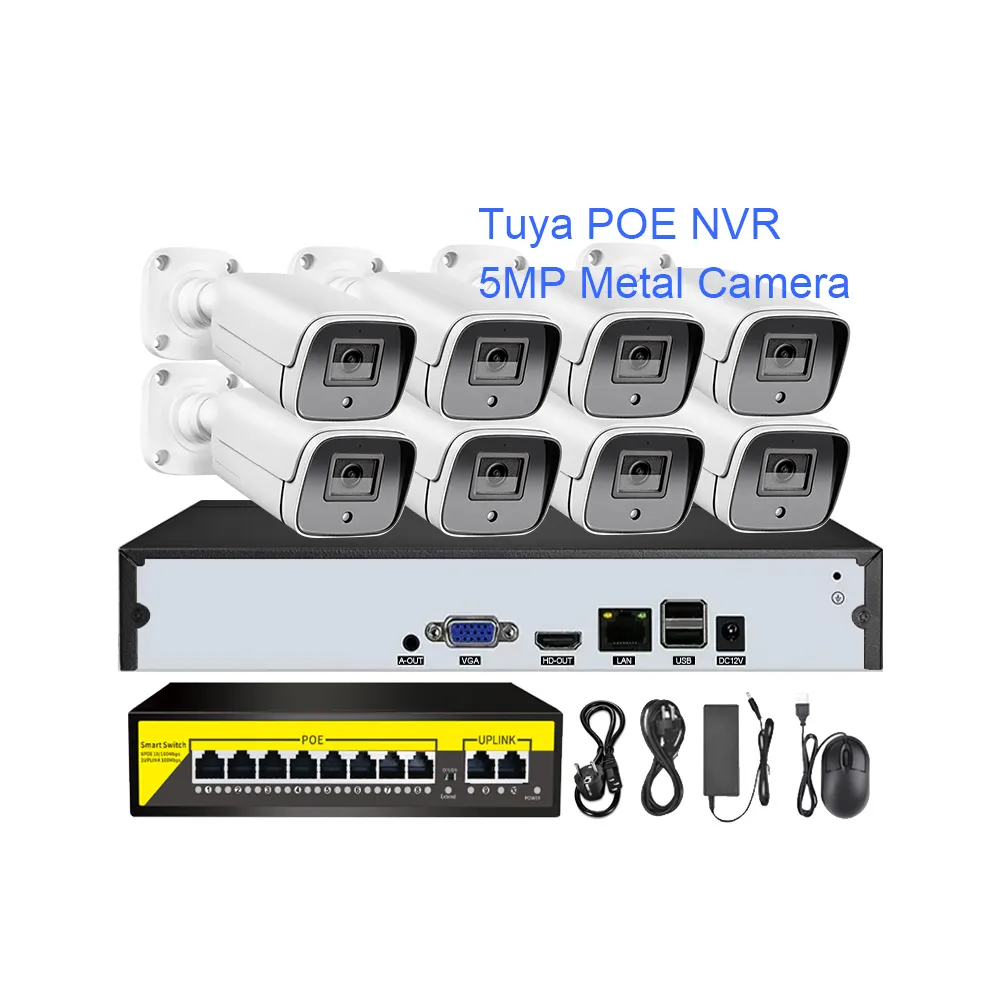 5MP 8ch 4 8 channel wired IP camera surveillance CCTV security camera system Tuya POE NVR Kit with audio recording