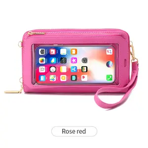 2021 Hot Solid Color Kleine Mini Mode Smartphone Brieftasche Leder Schulter gurt Handtasche Frauen tasche Touchscreen Handy Geldbörse