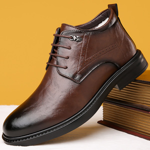Bottes en cuir pour hommes à bout rond, à lacets, avec doublure en fourrure, semelle en caoutchouc antidérapante, chaussures d'hiver chaudes, décontractées et élégantes - Product Image 1