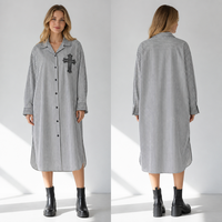 Robe Midi Rayée Style Urbain pour Femme, Col Hawaïen, Épaules Tombantes, Broderie Croisée, 100% Coton Écologique, Taille Naturelle, ODM