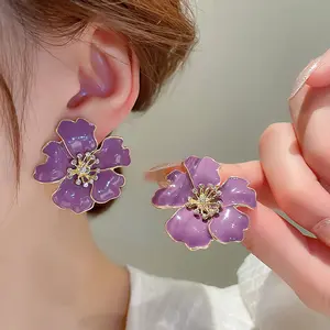Silver needle inlaid with diamonds purple flower drop oil exaggerated niche high-end Wholesale Female Stud earrings for woman