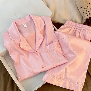 Conjunto de pijama de satén personalizado con lentejuelas de estrellas pequeñas, ropa de dormir de manga larga para otoño, pijama de 2 piezas para mujer - Product Image 1