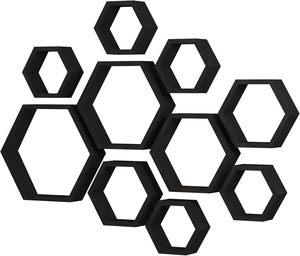 Étagères flottantes hexagonales en <span class=keywords><strong>bois</strong></span> <span class=keywords><strong>flotté</strong></span> rustique noir-Rangement <span class=keywords><strong>mural</strong></span> en nid d'abeille pour salle de bain, cuisine et espaces de vie - Product Image 4