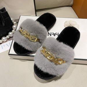 Moda moderna <span class=keywords><strong>fascia</strong></span> tinta unita soffice velluto pantofole basse da donna adornate <span class=keywords><strong>con</strong></span> catena di metallo spesso pantofole di cotone a punta aperta invernale - Product Image 6