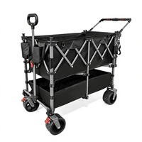 Chariot de camping pliable à double niveau, grande capacité, roues tout-terrain, frein à pied, poignée avant et arrière