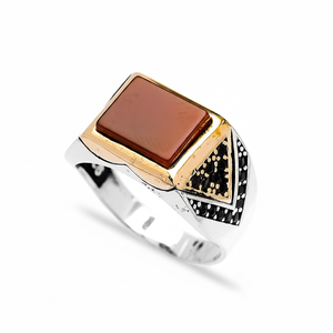 Rectangle Agate Gemstone Round Black Zircon Stone Design Ottoman <b>Men's</b> <b>Ring</b> Turkish Handmade Wholesale Authentic <b>Silver</b> <b>Men</b> <b>Ring</b> - Product Image 2