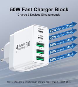 Cargador de Teléfono Rápido HNT de 50W, 3A2C, 5 Puertos, Enchufe EU/US, Certificado CE FCC RoHS, Adaptador de Corriente para <span class=keywords><strong>iPhone</strong></span> 17 16 15 14 Pro Max - Product Image 2